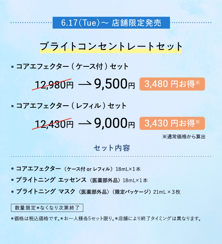 6.17(Tue) ～ 店舗限定発売 ブライトコンセントレートセット ・コアエフェクター（ケース付）セット 12,980円→9,500円 3,480円お得※ ・コアエフェクター（レフィル）セット 12,430円→9,000円 3,430円お得※ ※通常価格から算出 セット内容 ・コアエフェクター（ケース付 or レフィル）18mL×1本 ・ブライトニング エッセンス〈医薬部外品〉18mL×1本 ・ブライトニング マスク〈医薬部外品〉（限定パッケージ）21mL×3枚 数量限定 *なくなり次第終了 *価格は税込価格です。 *お一人様各5セット限り。 *店舗により終了タイミングは異なります。
