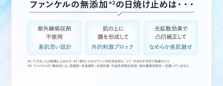 ファンケルの無添加*3の日焼け止めは…紫外線吸収剤不使用素肌思い設計肌の上に膜を形成して外的刺激ブロック光拡散効果で凸凹補正してなめらか美肌魅せ*1「くすみ」とは乾燥によるもの *2「美白」とはメラニンの生成を抑え、シミ·そばかすを防ぐ効果のこと*3ファンケルの「無添加」は、防腐剤·合成香料·合成色素·石油系界面活性剤·紫外線吸収剤を一切使っていません